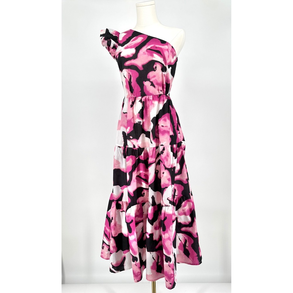 MELLODAY‎ One Shoulder Tiered Maxi Dress Sz XS Pink Black Abstract Garden Fairy